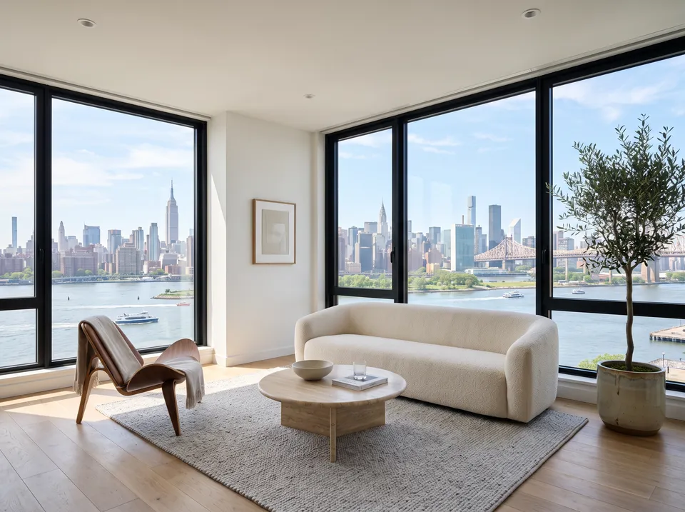 A virtually staged modern living room with floor-to-ceiling windows facing the Manhattan skyline